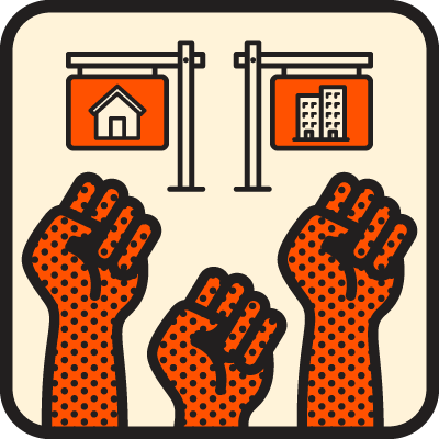 An icon with 3 hands making fists raised, and two signs with a house and a corporate building