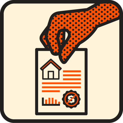 An icon with a hand holding a piece of paper that has a house, graph, and an encircled dollar sign with a line through it